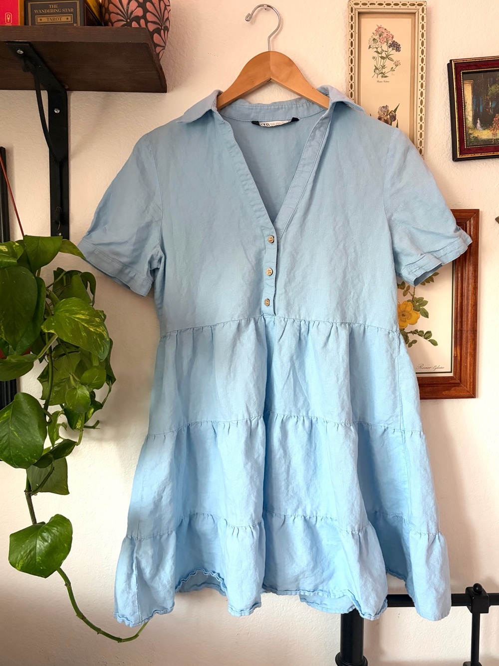 Zara Light Blue Collared Tiered Mini Shirt Dress - Small - Linen blend